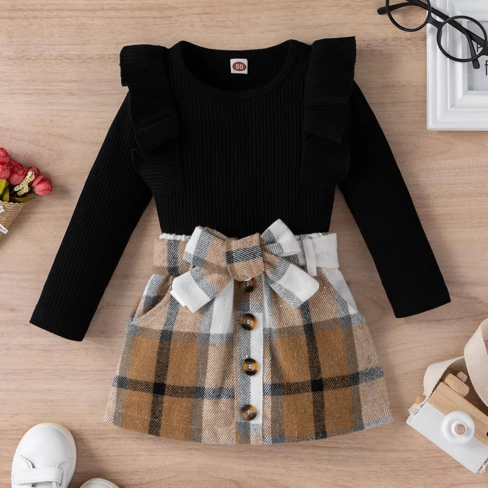 Autumn Pit Strip Ruffled Long-sleeved Plaid Skirt Girls Suit Wholesale