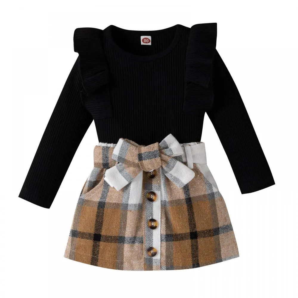 Autumn Pit Strip Ruffled Long-sleeved Plaid Skirt Girls Suit Wholesale