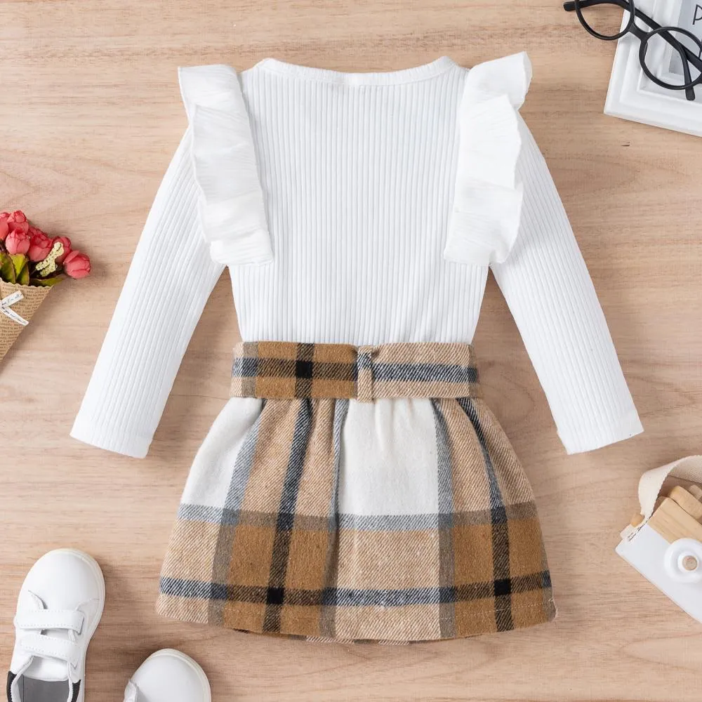 Autumn Pit Strip Ruffled Long-sleeved Plaid Skirt Girls Suit Wholesale