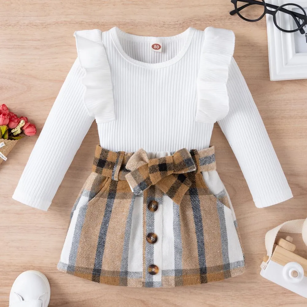 Autumn Pit Strip Ruffled Long-sleeved Plaid Skirt Girls Suit Wholesale