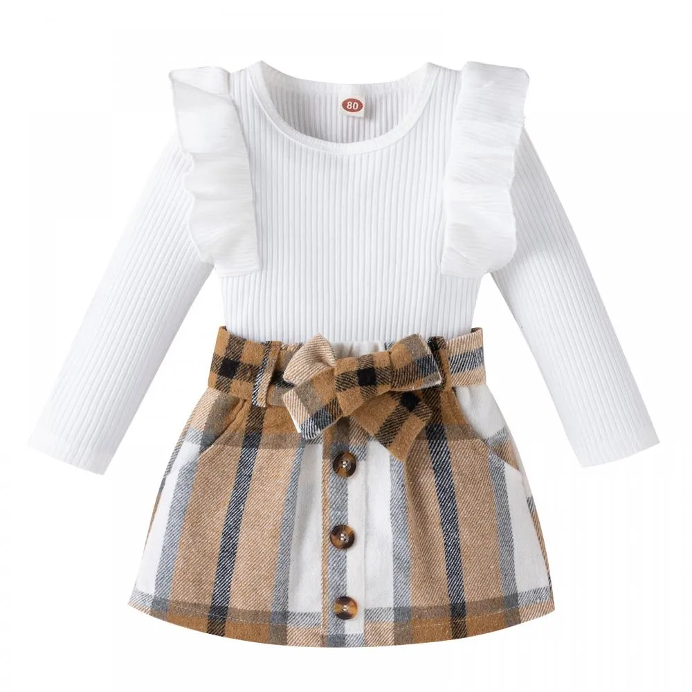 Autumn Pit Strip Ruffled Long-sleeved Plaid Skirt Girls Suit Wholesale