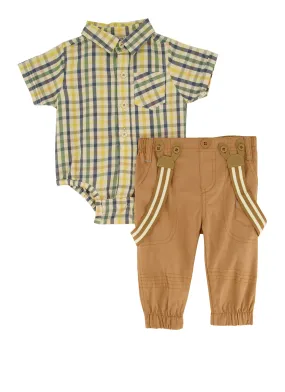 Baby Boys 0-9M Plaid Button Front Bodysuit and Suspender Joggers