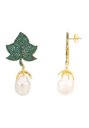 Baroque Pearl Leaf Earring Green Gold
