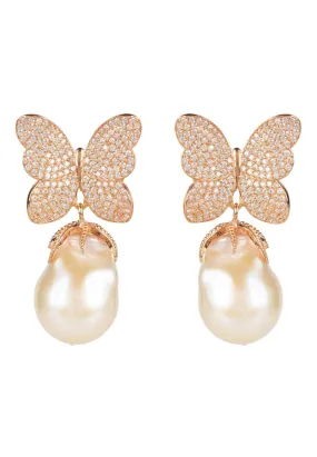 Baroque Pearl White Butterfly Earrings Rosegold