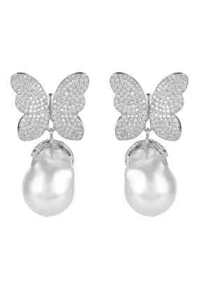 Baroque Pearl White Butterfly Earrings Silver