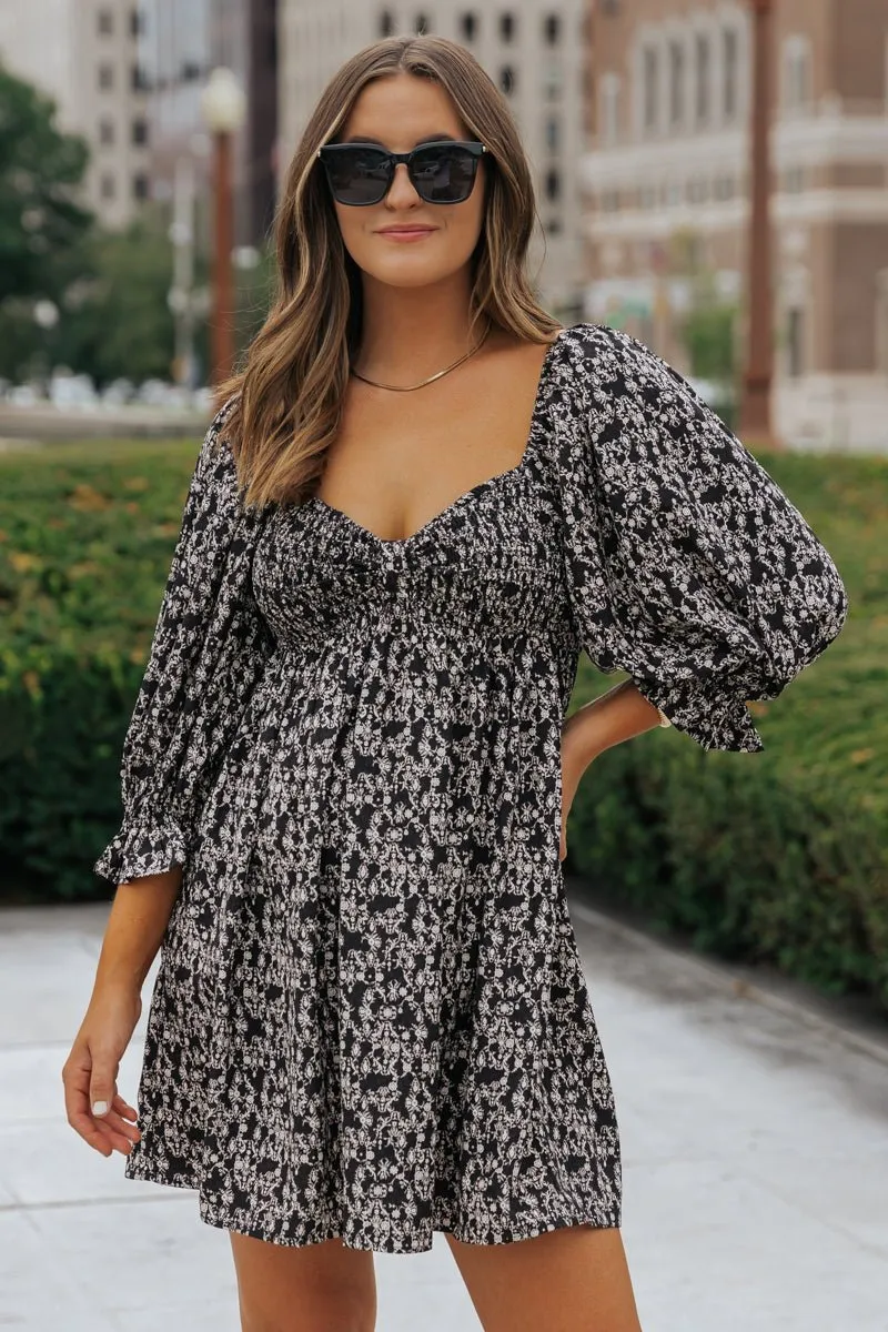 Black Floral Print Sweetheart Mini Dress