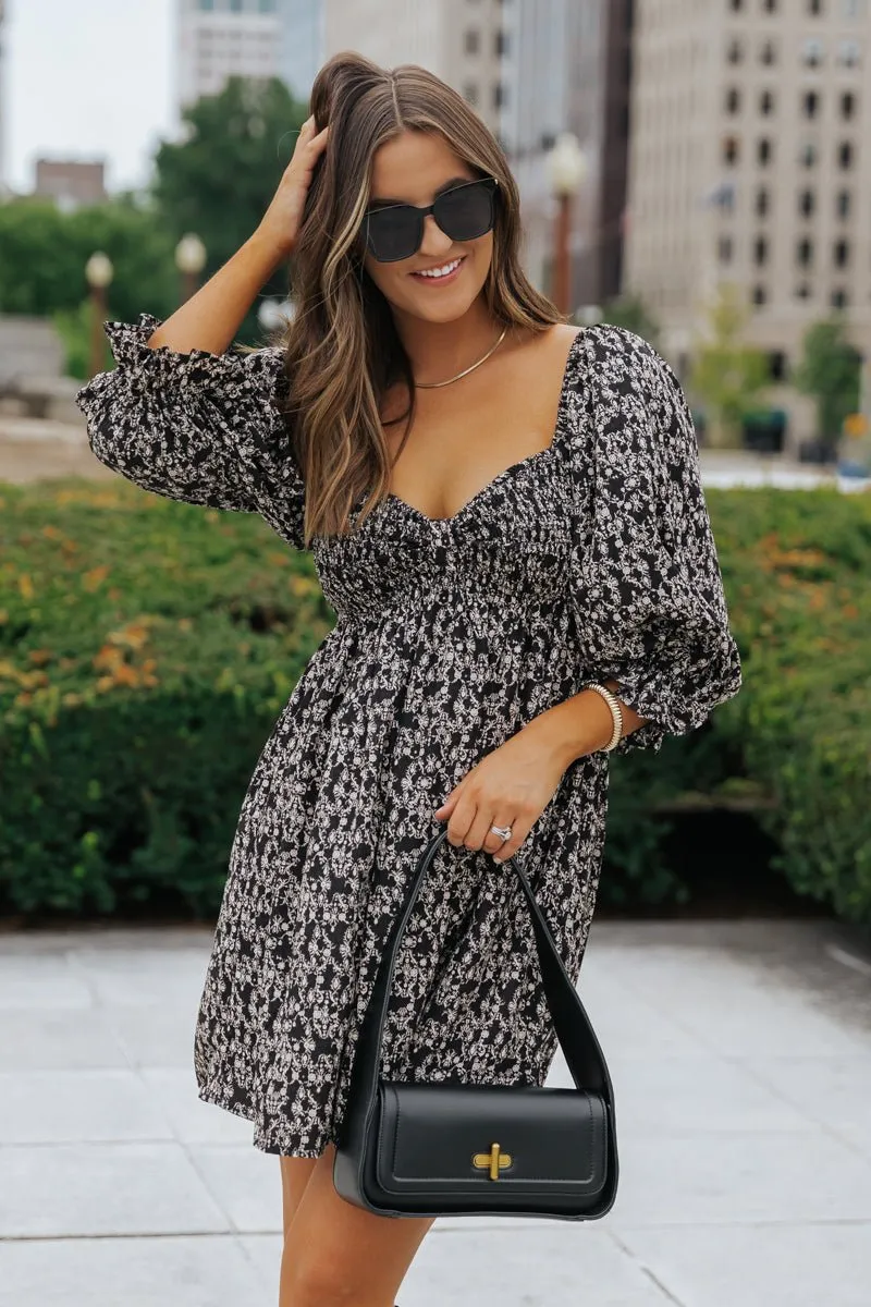 Black Floral Print Sweetheart Mini Dress
