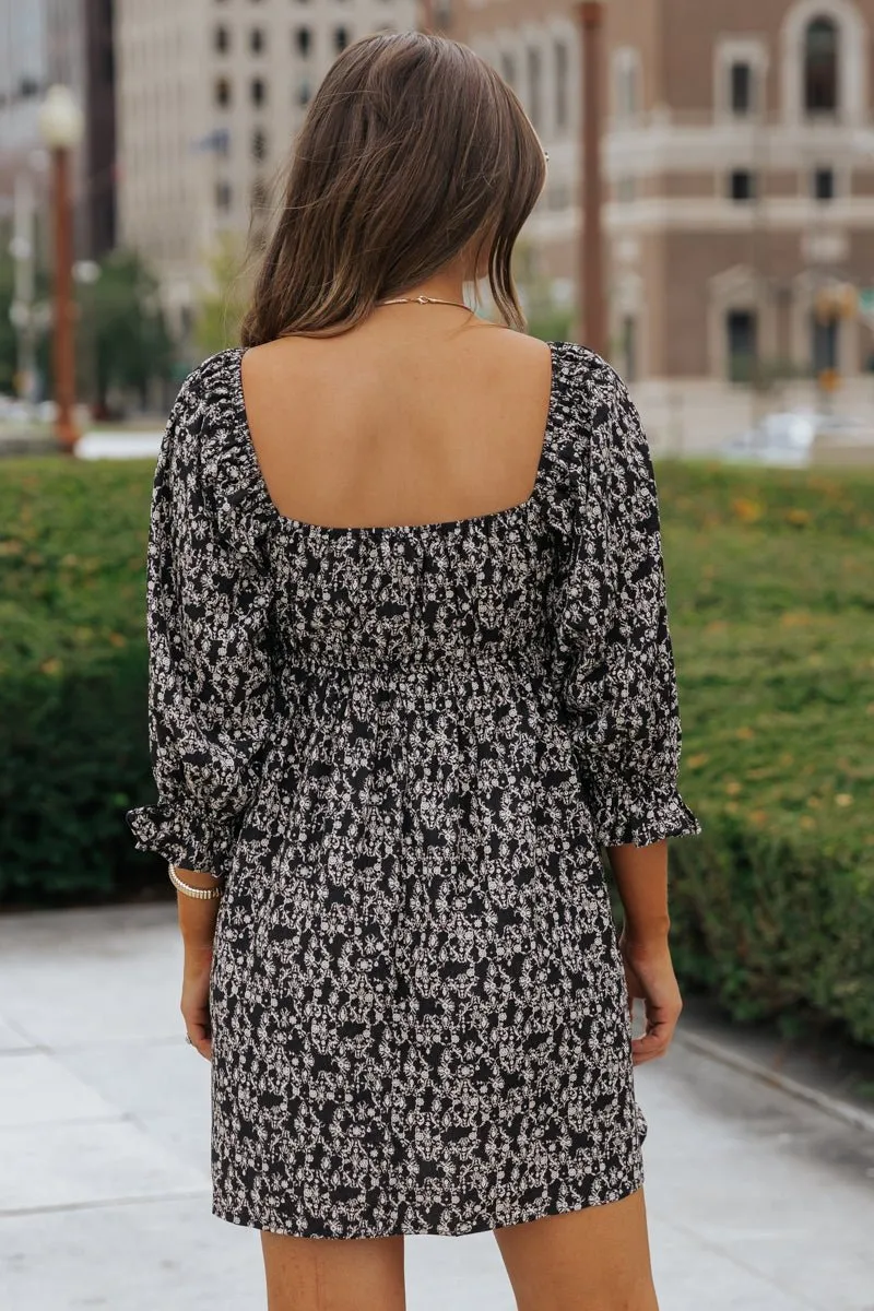 Black Floral Print Sweetheart Mini Dress
