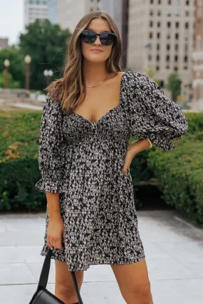 Black Floral Print Sweetheart Mini Dress