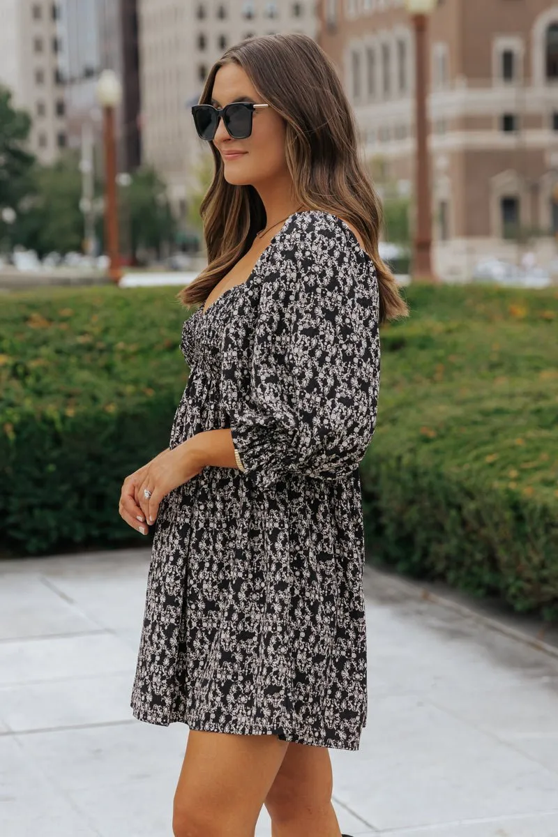 Black Floral Print Sweetheart Mini Dress