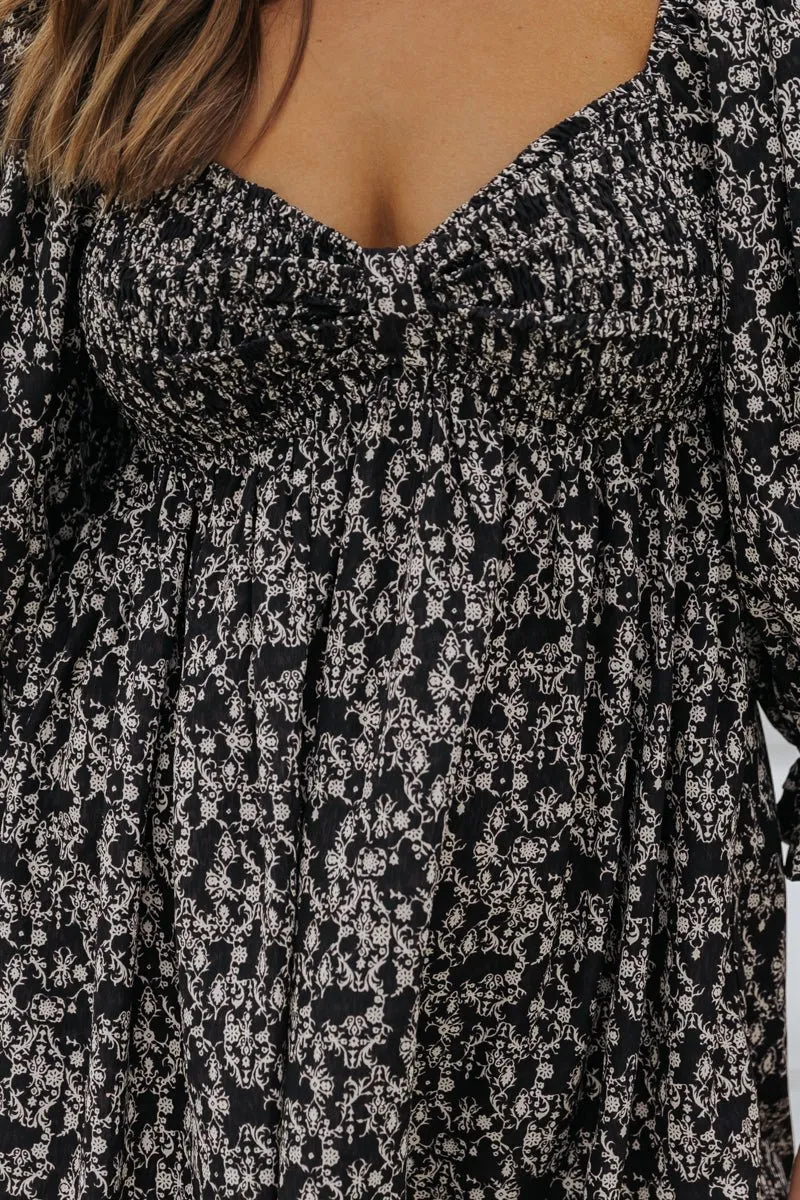 Black Floral Print Sweetheart Mini Dress
