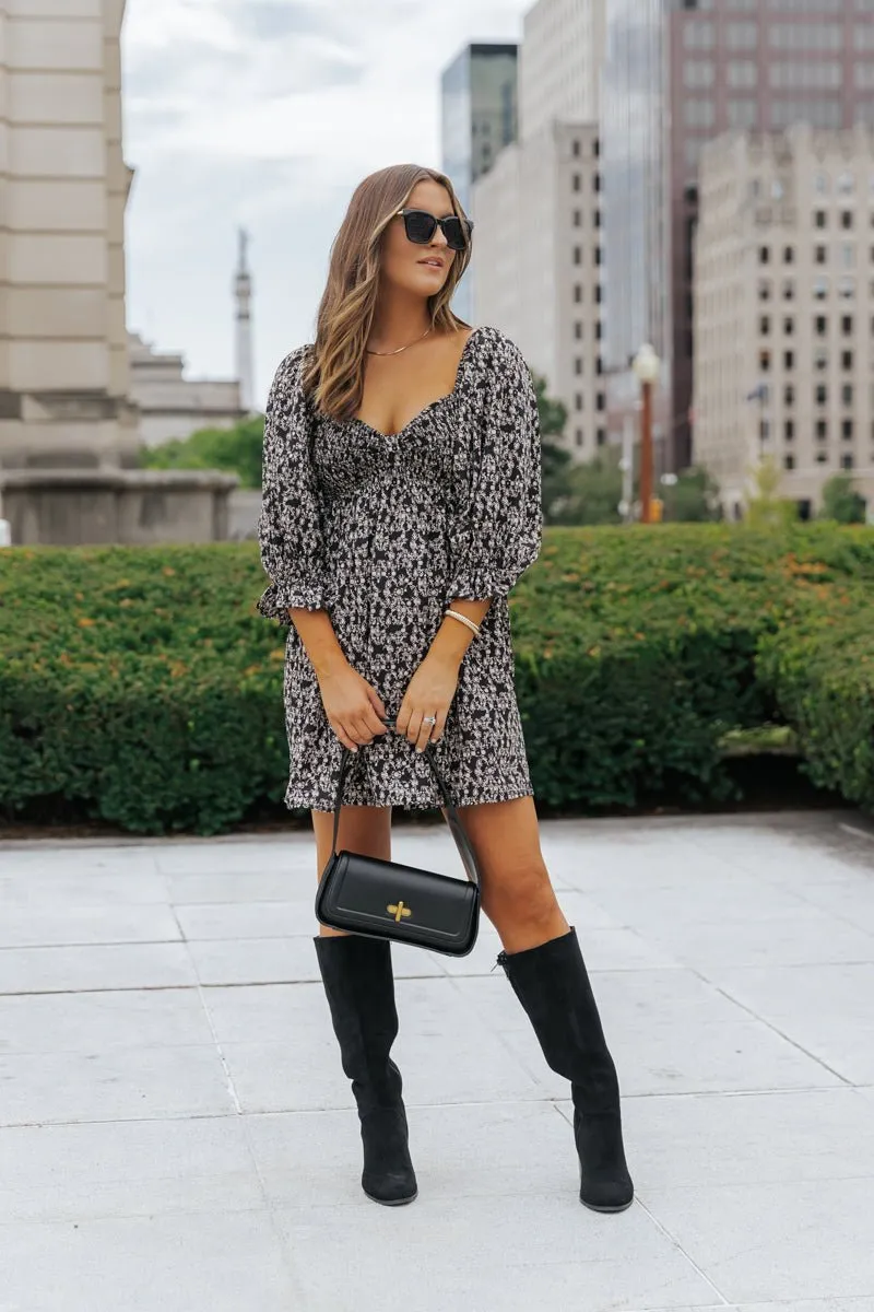 Black Floral Print Sweetheart Mini Dress
