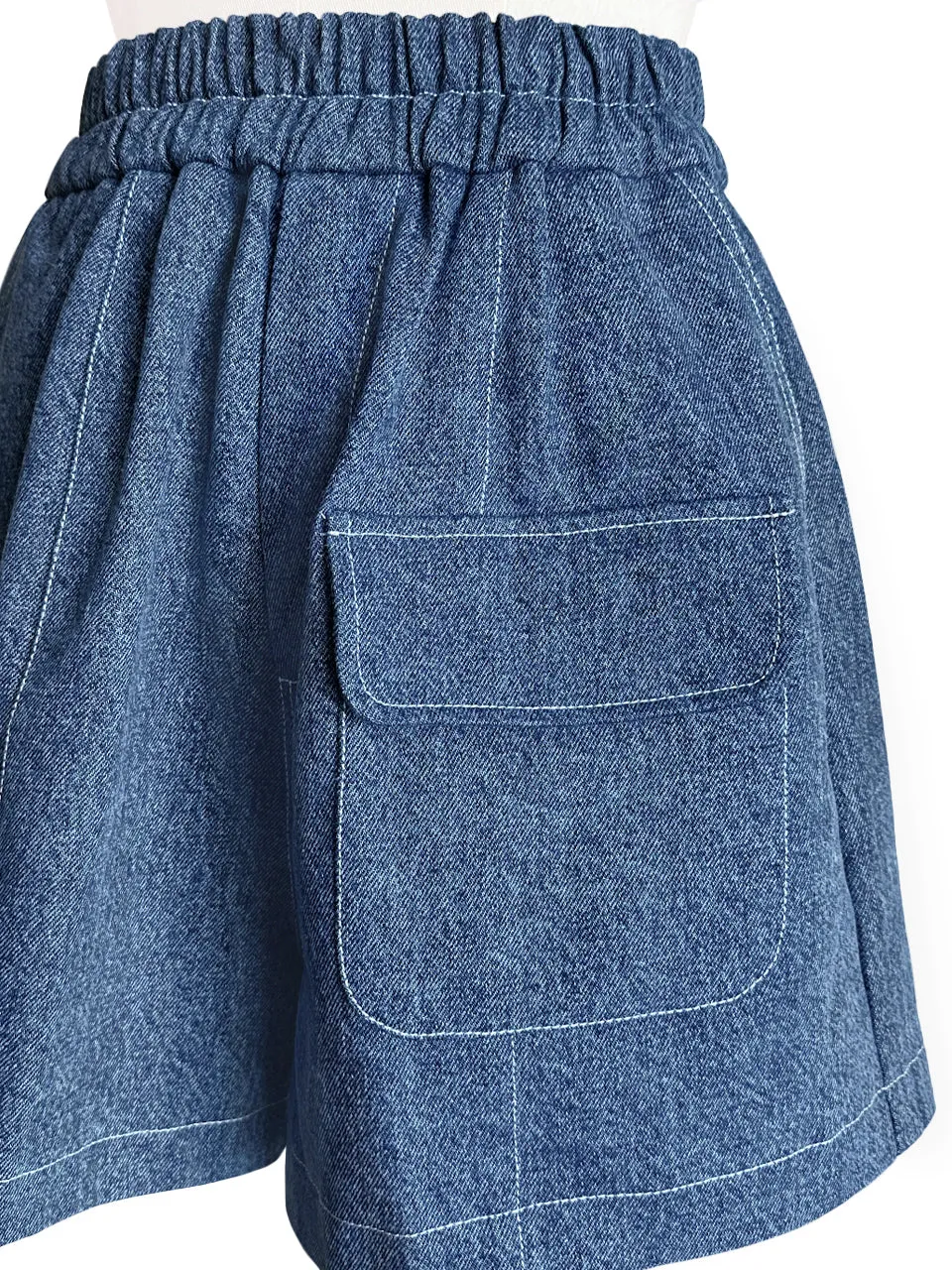 Blue Contrast Stitch Patch Pocket A-line Twill Shorts