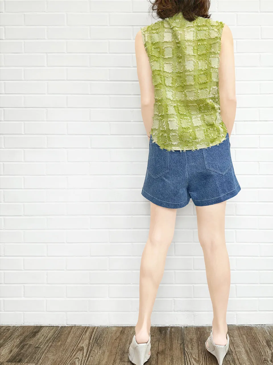 Blue Contrast Stitch Patch Pocket A-line Twill Shorts