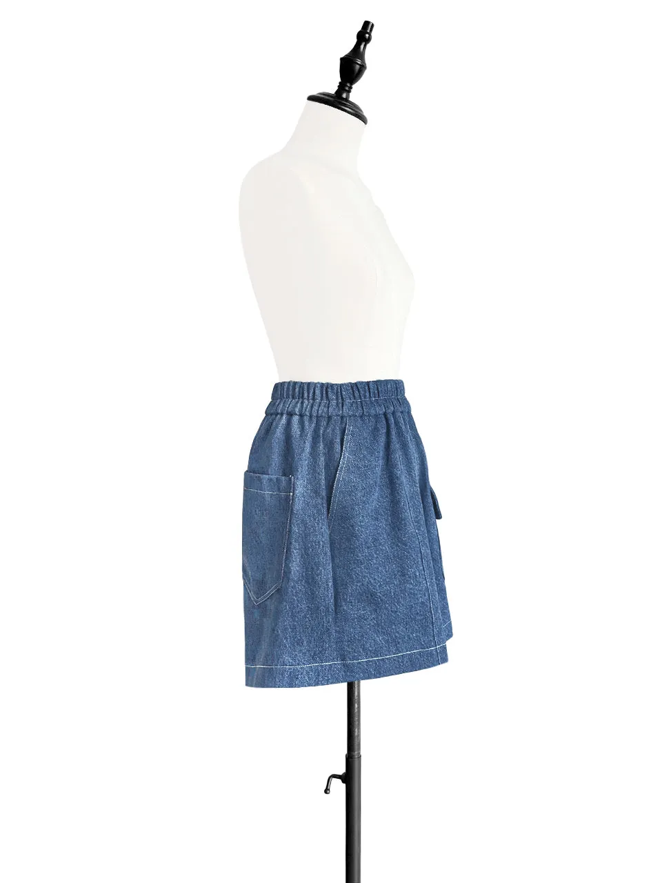 Blue Contrast Stitch Patch Pocket A-line Twill Shorts