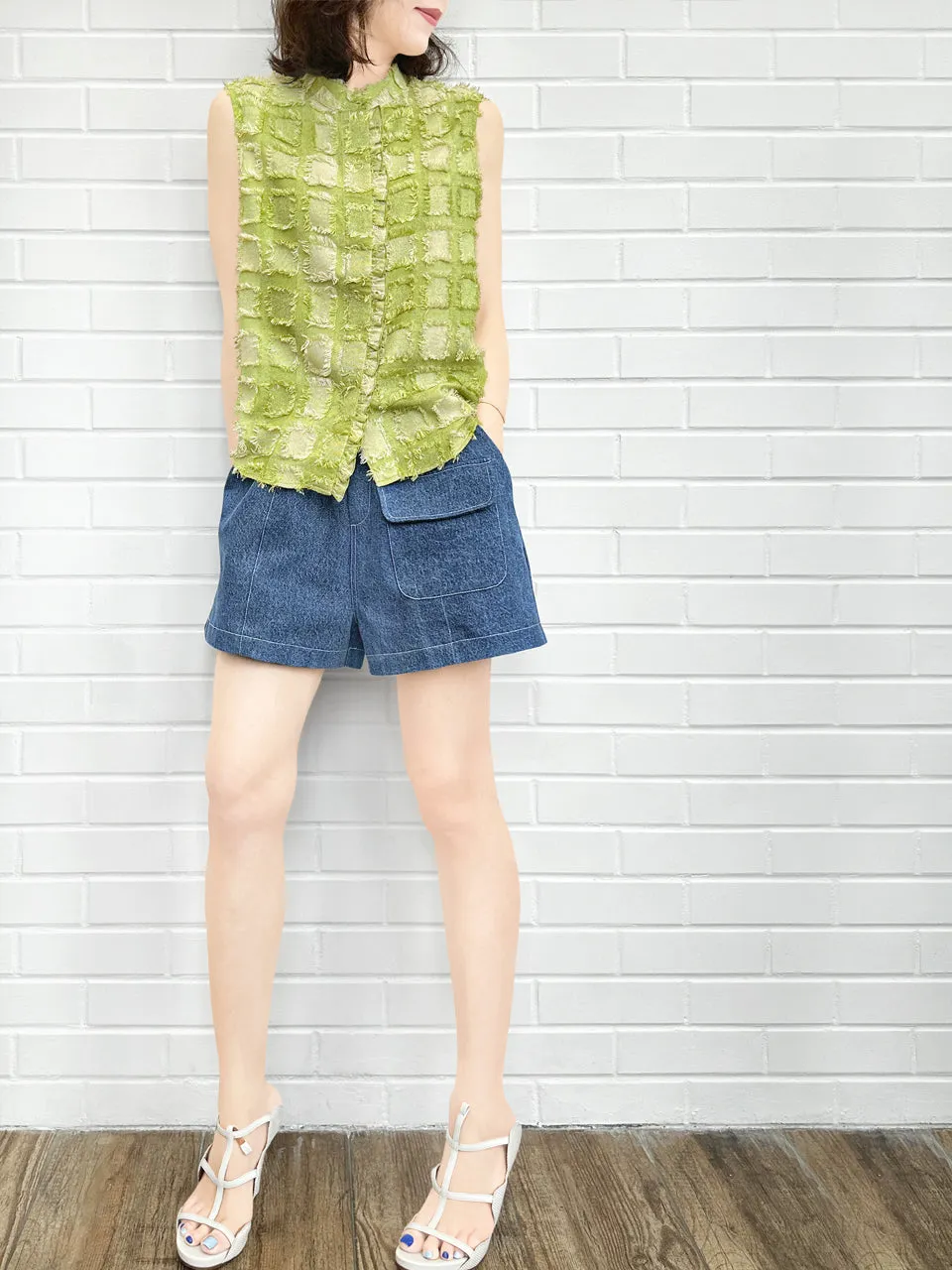 Blue Contrast Stitch Patch Pocket A-line Twill Shorts