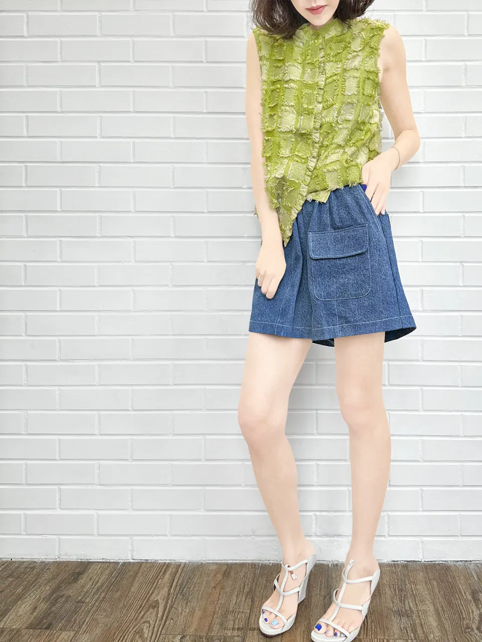 Blue Contrast Stitch Patch Pocket A-line Twill Shorts