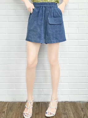 Blue Contrast Stitch Patch Pocket A-line Twill Shorts