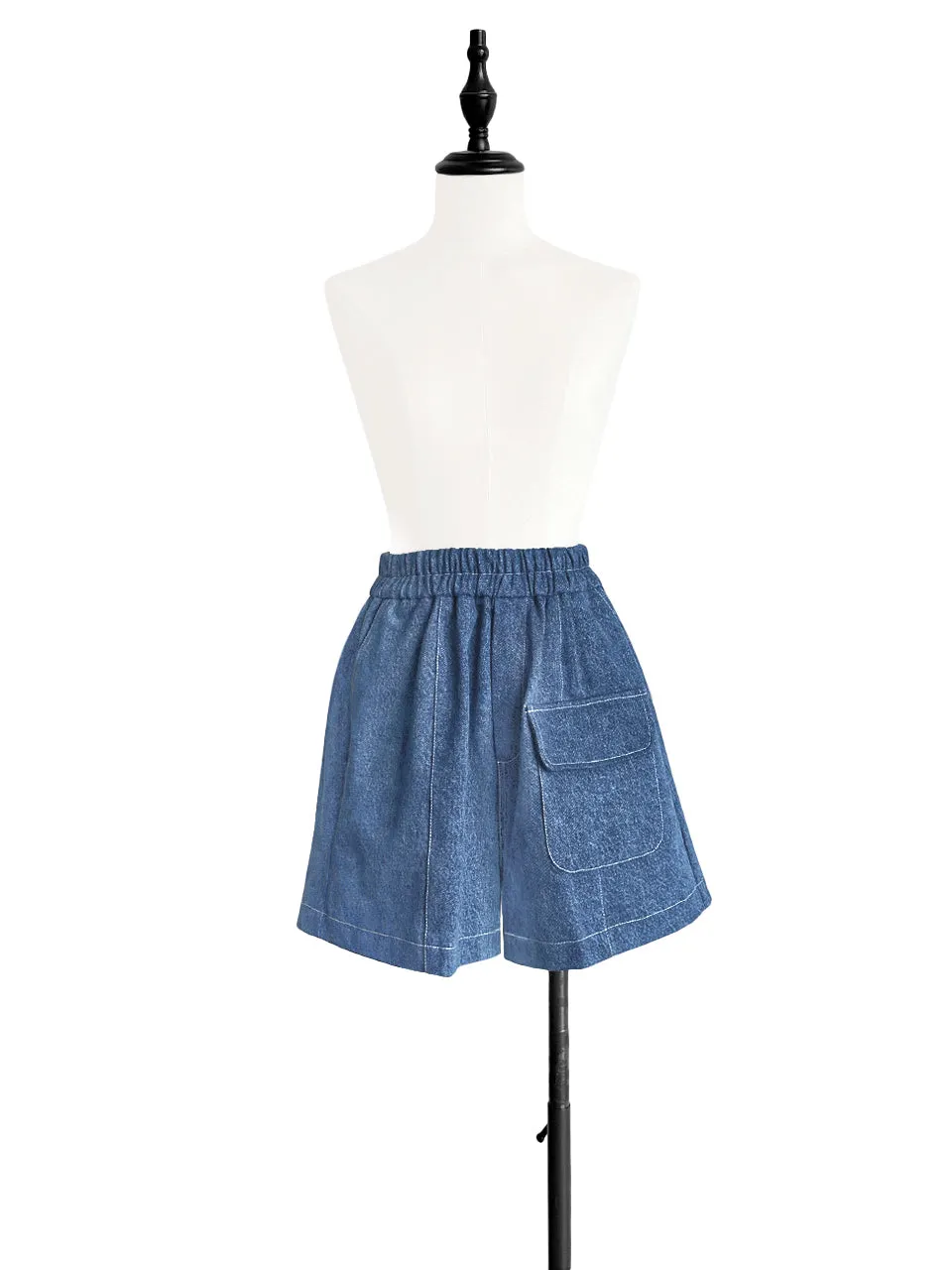 Blue Contrast Stitch Patch Pocket A-line Twill Shorts