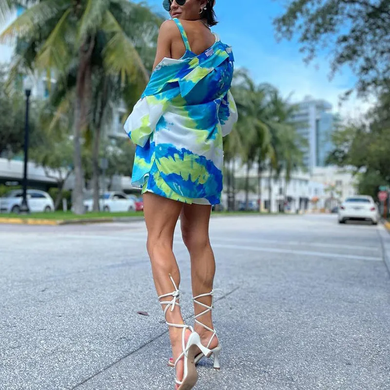 Casual Color Contrast Tie-Dye High-Waisted Shorts Camisole Long-Sleeved Lapel Shirt Wholesale Three-Piece Suit