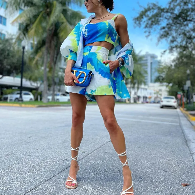 Casual Color Contrast Tie-Dye High-Waisted Shorts Camisole Long-Sleeved Lapel Shirt Wholesale Three-Piece Suit