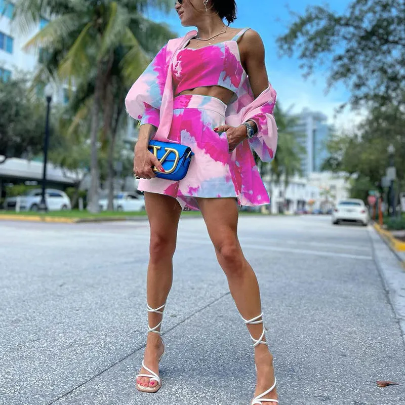 Casual Color Contrast Tie-Dye High-Waisted Shorts Camisole Long-Sleeved Lapel Shirt Wholesale Three-Piece Suit