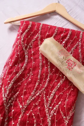 Cherry Red And Beige Saree set (2 Piece)