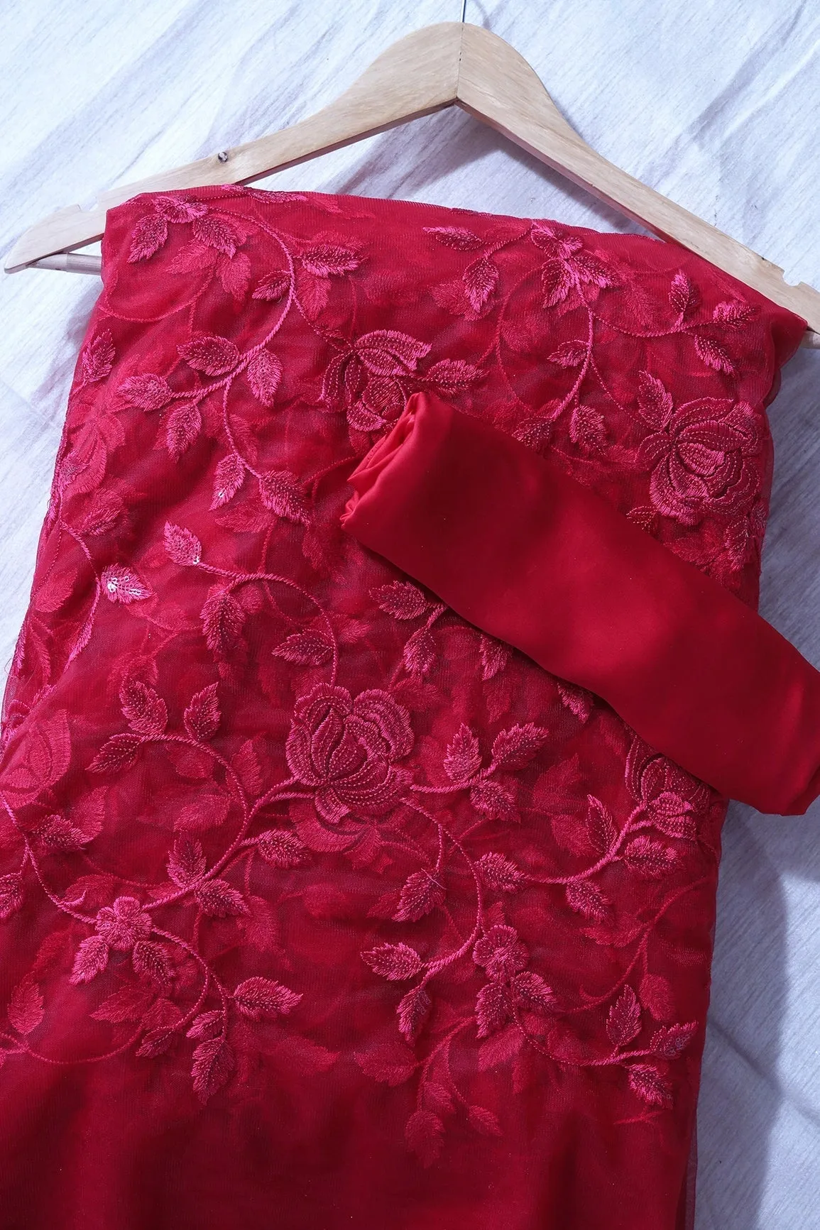 Cherry Red Saree set (2 Piece)