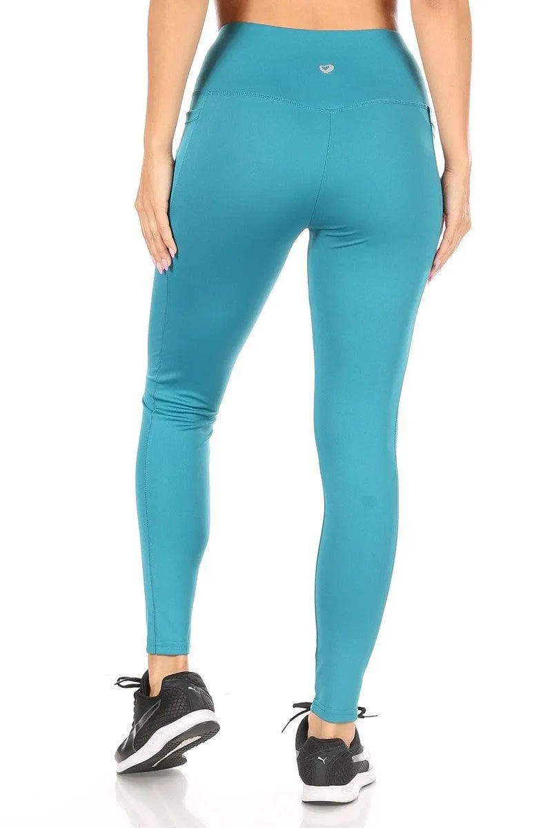 Crossover Waist Tummy Control Sculpting Sport Leggings With Pockets - Teal