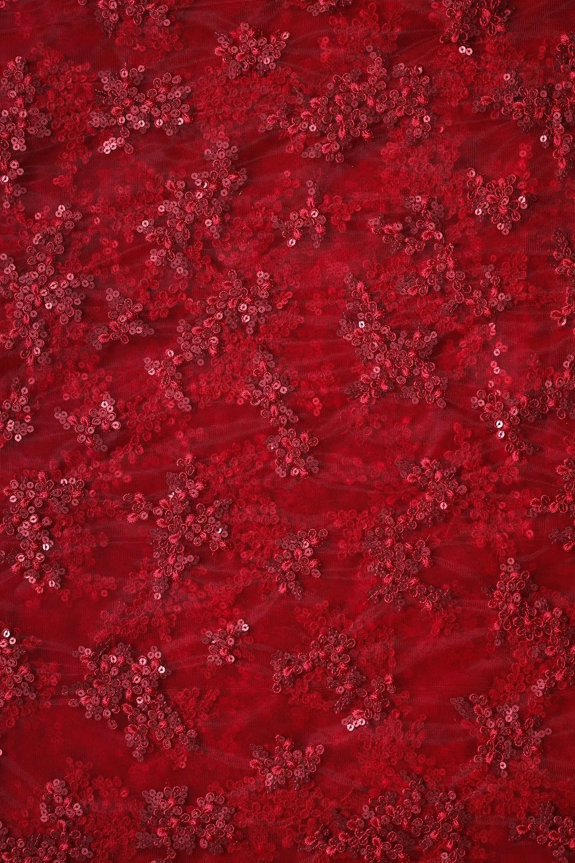 Exclusive Red Thread With Sequins Abstract Embroidery Work On Red Soft Net Fabric