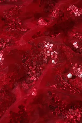 Exclusive Red Thread With Sequins Abstract Embroidery Work On Red Soft Net Fabric
