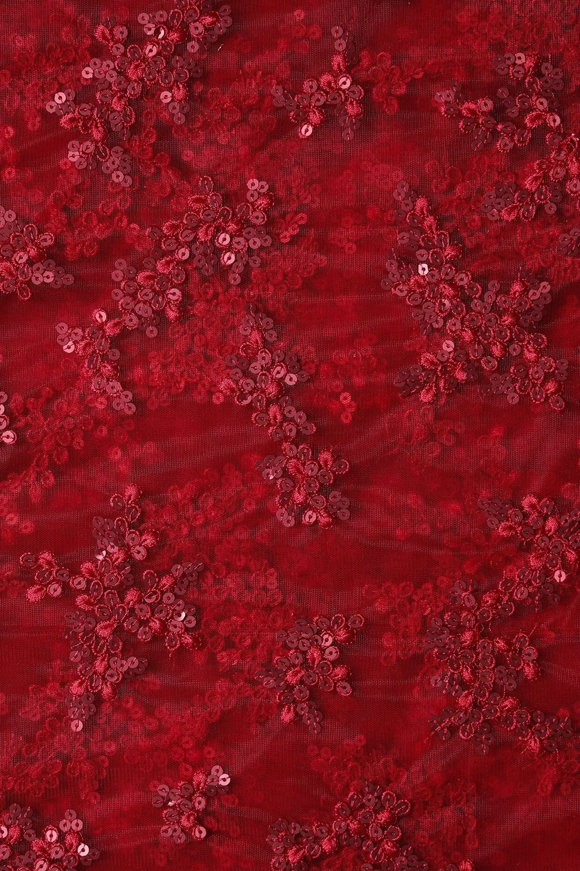 Exclusive Red Thread With Sequins Abstract Embroidery Work On Red Soft Net Fabric