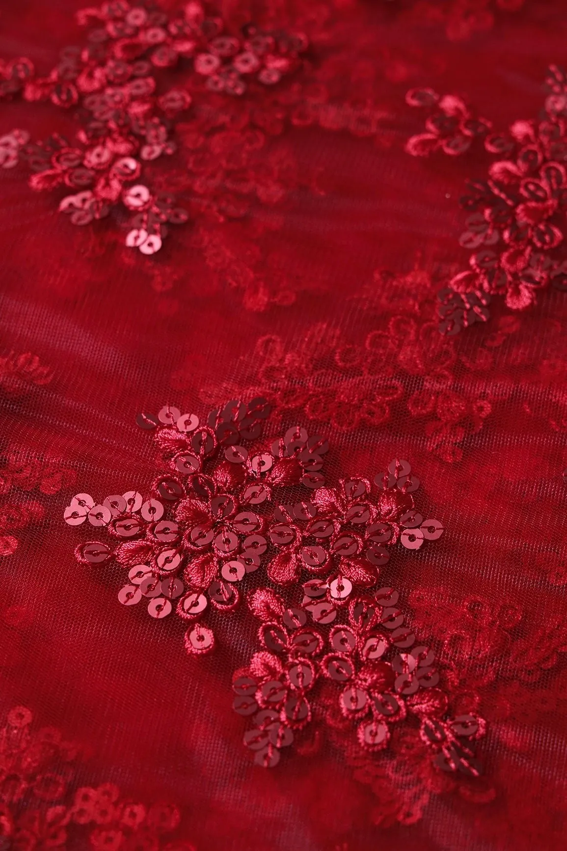 Exclusive Red Thread With Sequins Abstract Embroidery Work On Red Soft Net Fabric