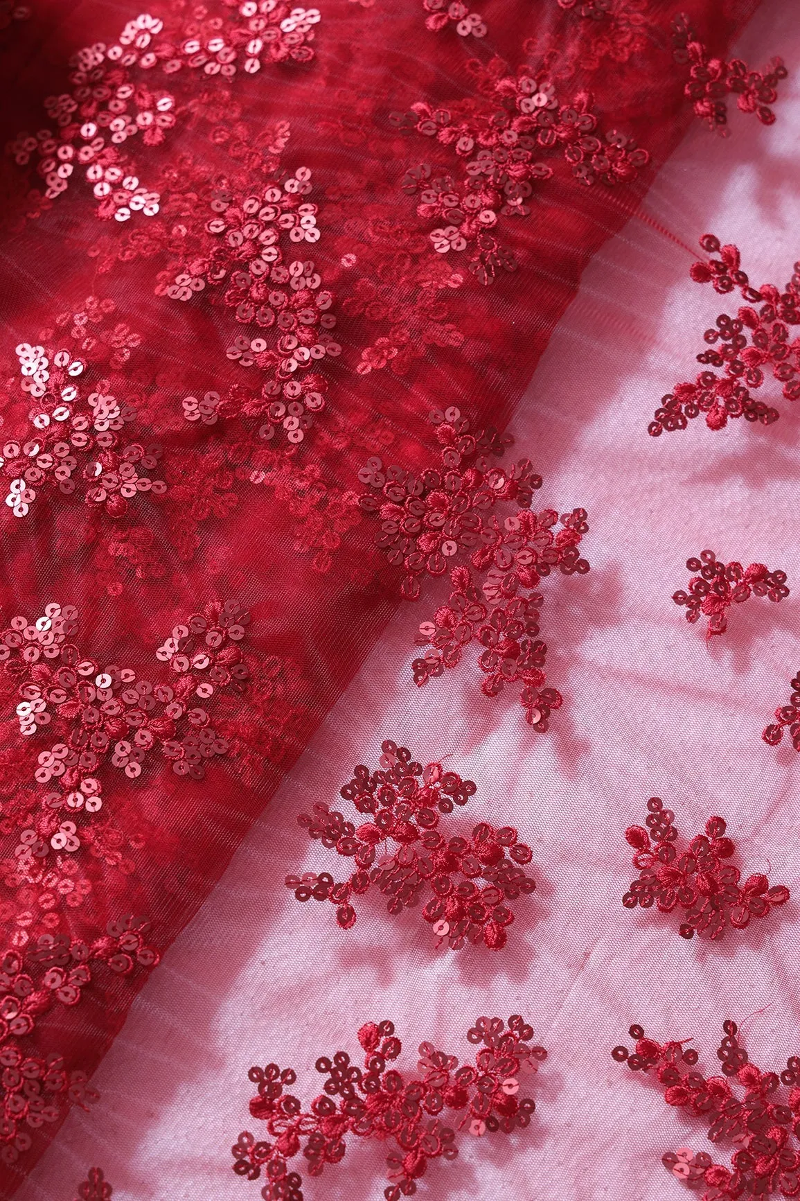 Exclusive Red Thread With Sequins Abstract Embroidery Work On Red Soft Net Fabric