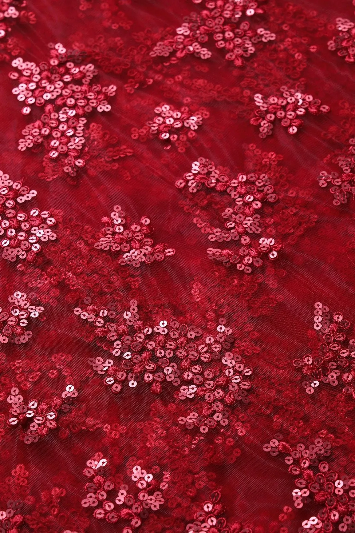 Exclusive Red Thread With Sequins Abstract Embroidery Work On Red Soft Net Fabric