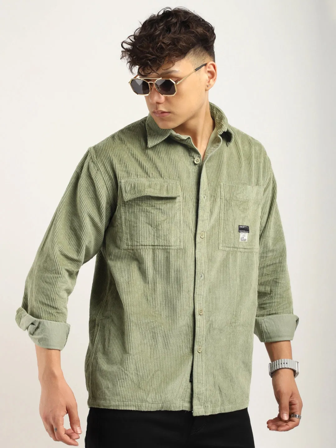 Fabric Corduroy Mint Green Full Sleeve Shirt