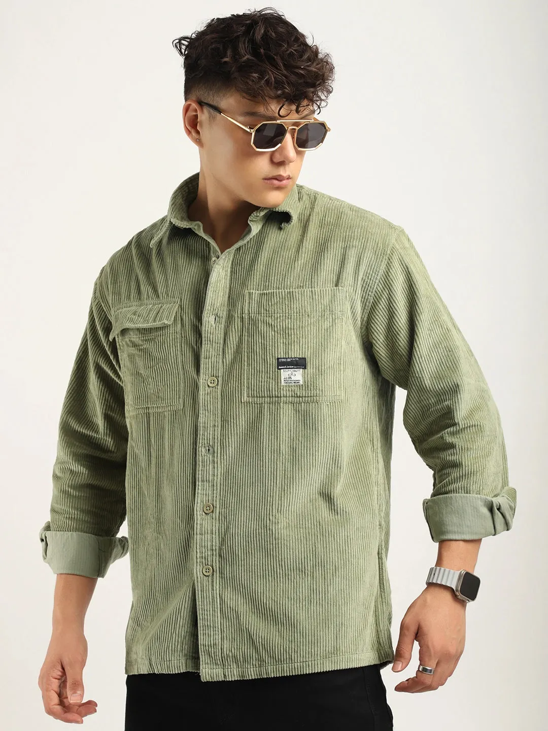 Fabric Corduroy Mint Green Full Sleeve Shirt