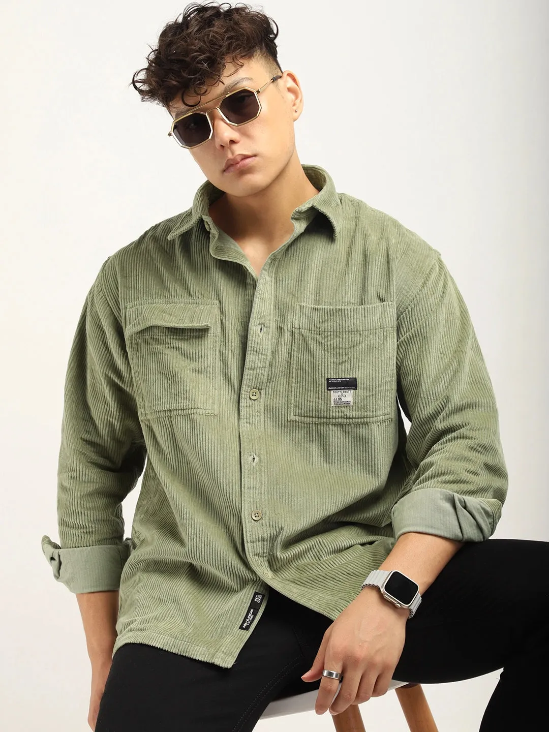 Fabric Corduroy Mint Green Full Sleeve Shirt