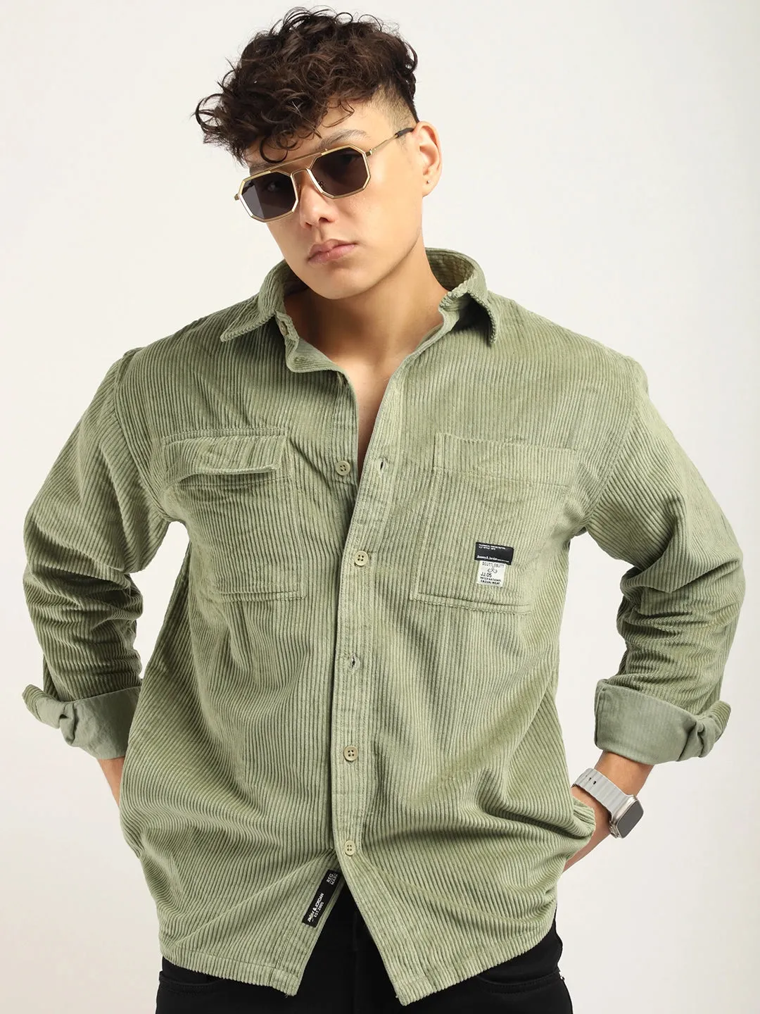 Fabric Corduroy Mint Green Full Sleeve Shirt