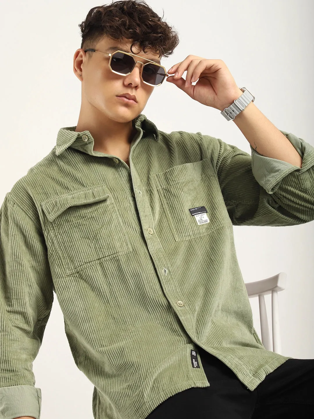Fabric Corduroy Mint Green Full Sleeve Shirt