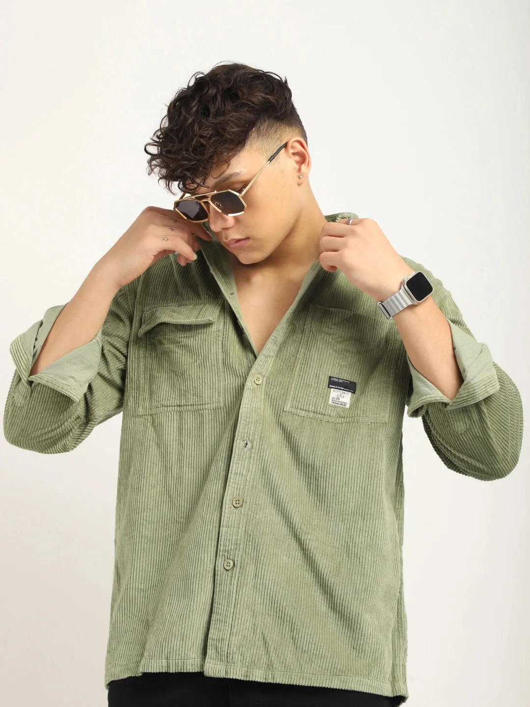 Fabric Corduroy Mint Green Full Sleeve Shirt
