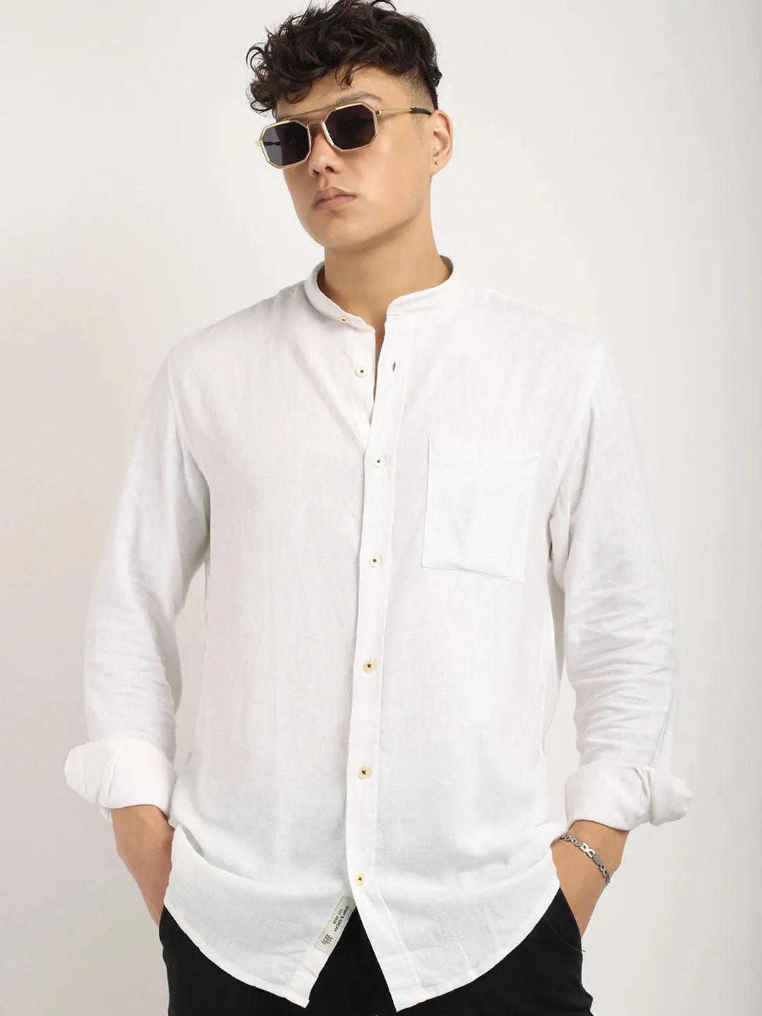 Fabric linen Blend White Full Sleeve Shirt