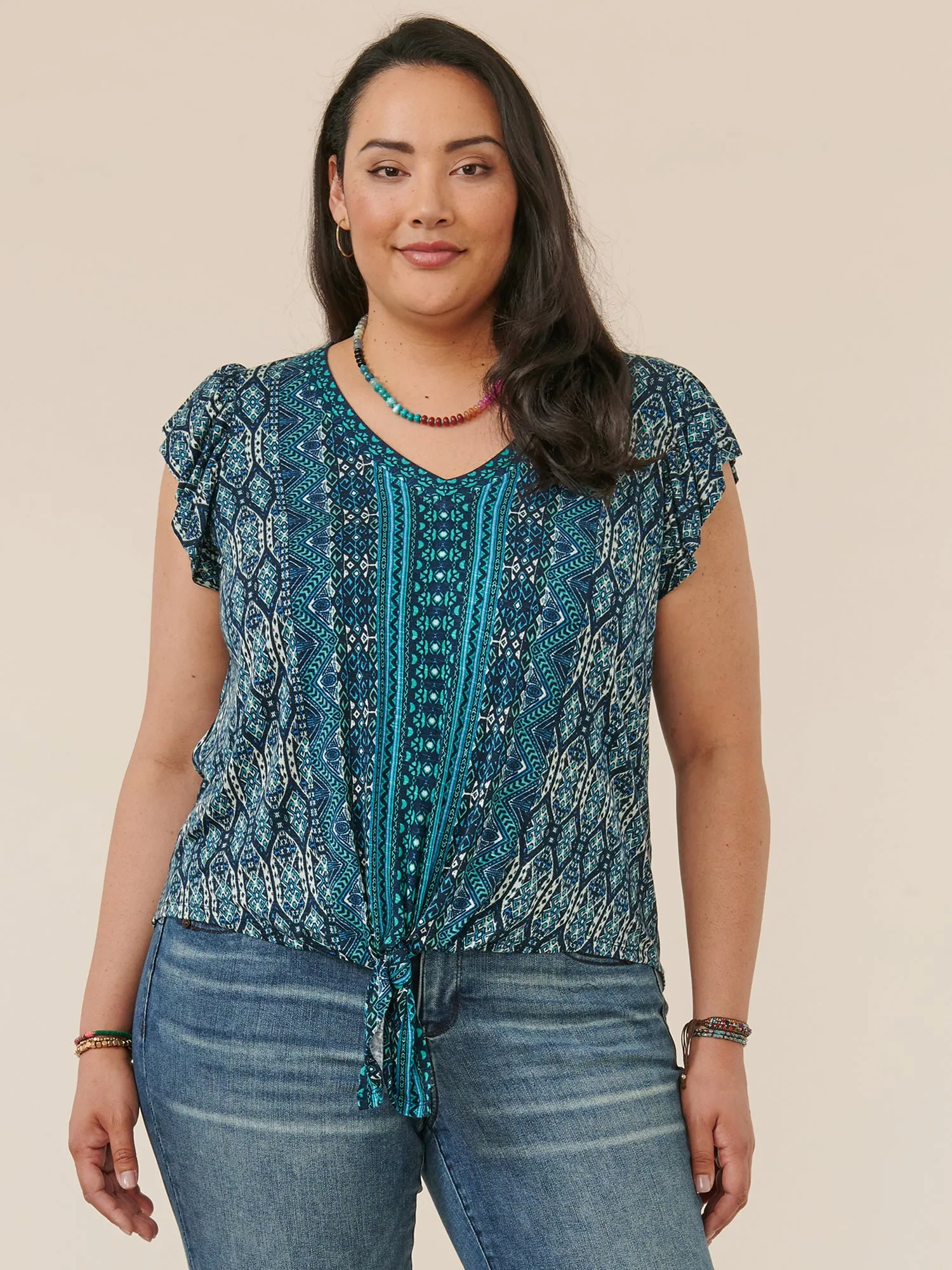 Flutter Sleeve V-Neck Tie Front Abstract Print Plus Size Knit Top