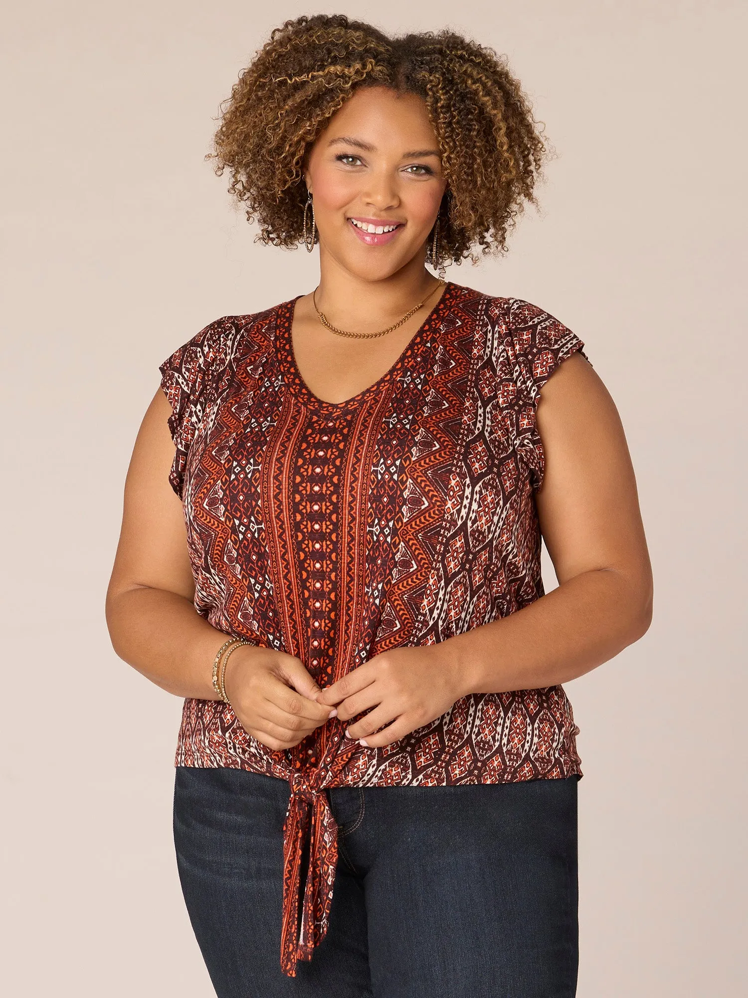 Flutter Sleeve V-Neck Tie Front Abstract Print Plus Size Knit Top