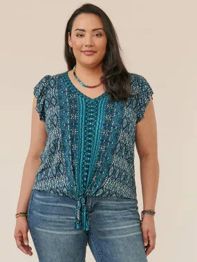Flutter Sleeve V-Neck Tie Front Abstract Print Plus Size Knit Top