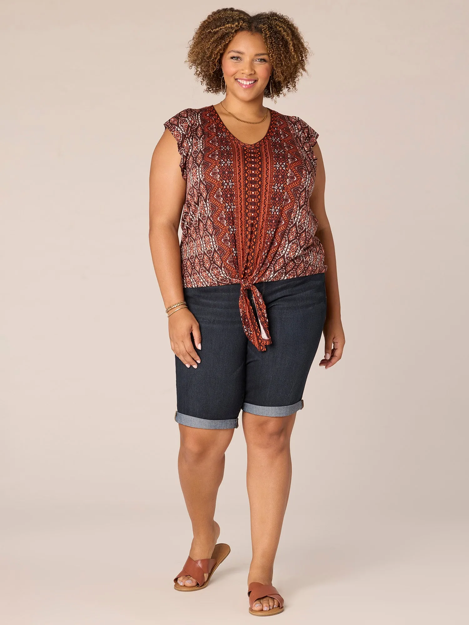 Flutter Sleeve V-Neck Tie Front Abstract Print Plus Size Knit Top