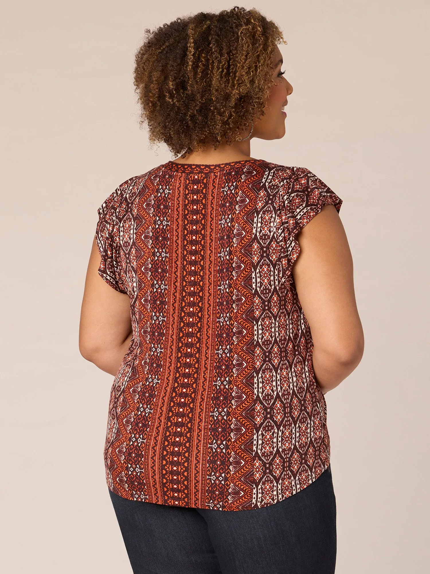 Flutter Sleeve V-Neck Tie Front Abstract Print Plus Size Knit Top