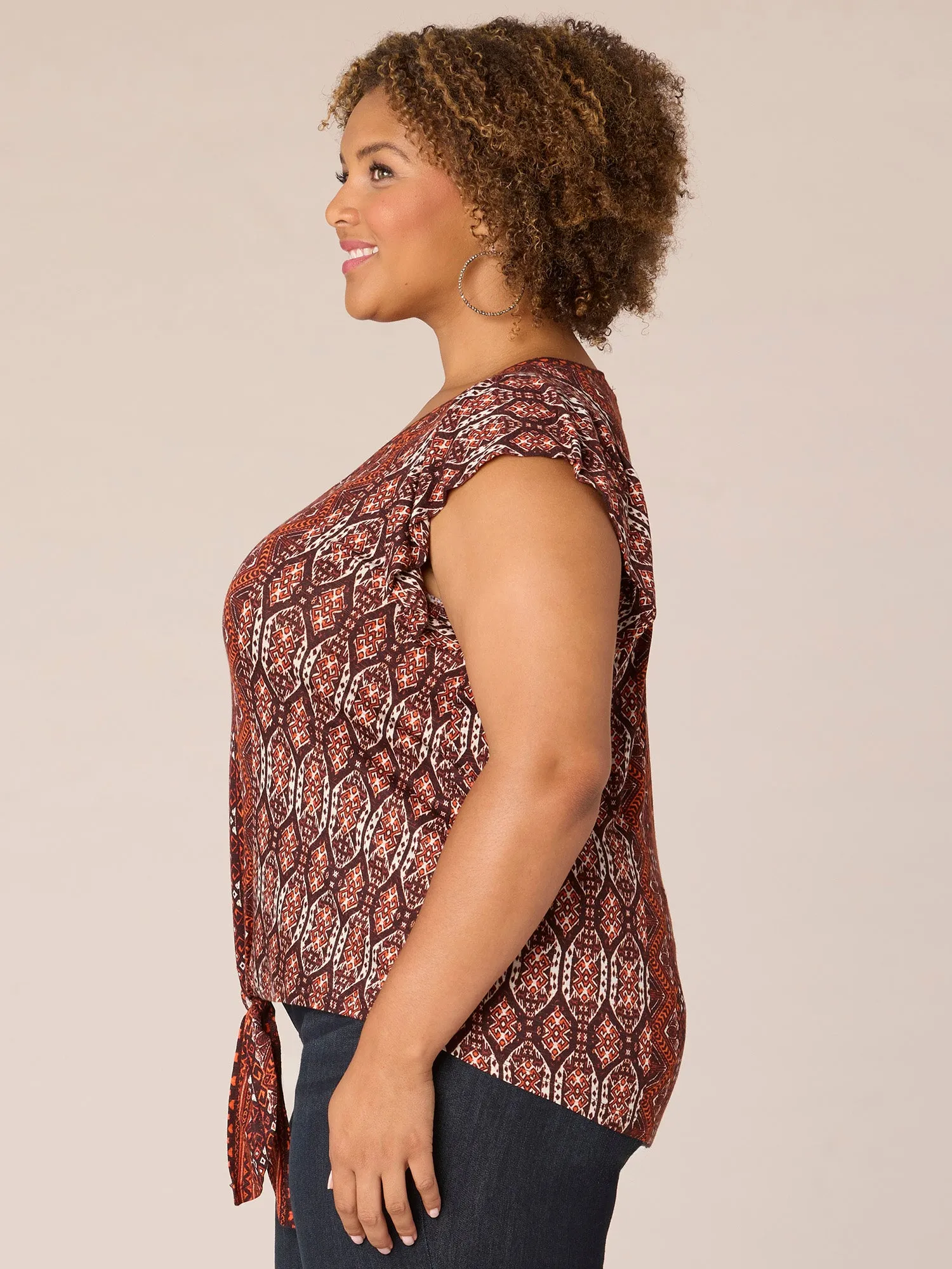 Flutter Sleeve V-Neck Tie Front Abstract Print Plus Size Knit Top