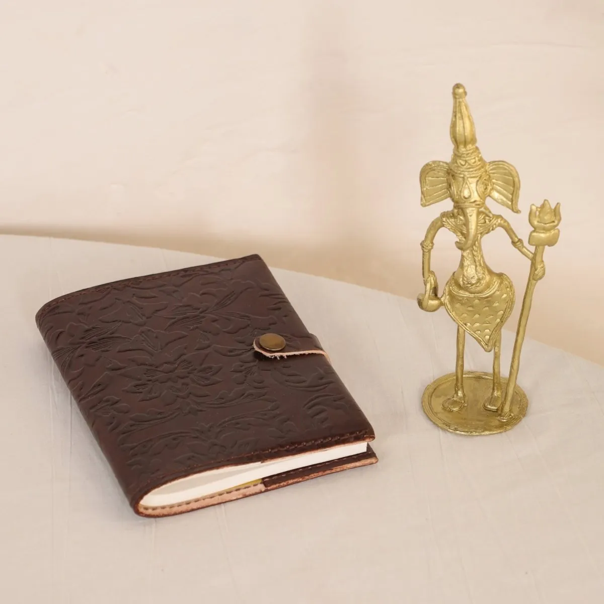 Hancrafted Leather Journal - With Embossed Design and Dhokra Metal Handmade Ganesha Showpiece | Rakshabandhan Gift | Handmade in India