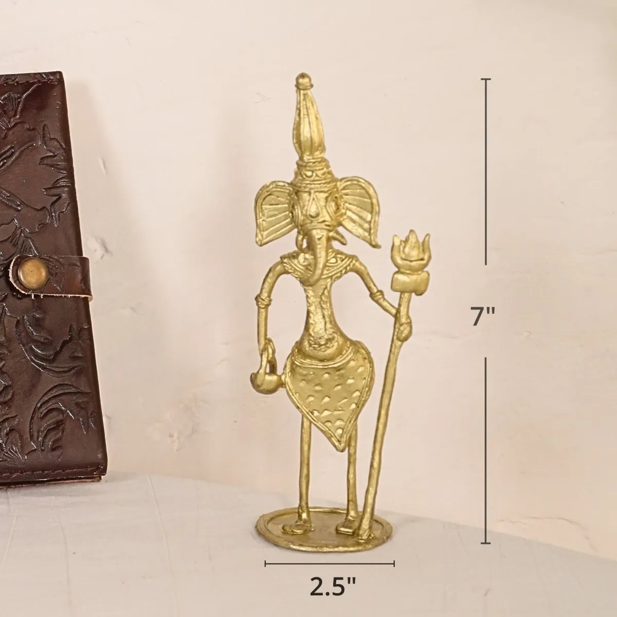 Hancrafted Leather Journal - With Embossed Design and Dhokra Metal Handmade Ganesha Showpiece | Rakshabandhan Gift | Handmade in India